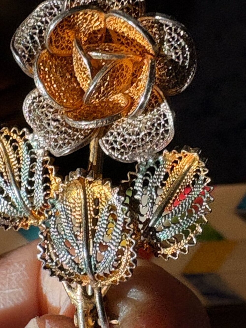 Stunning Vintage Two-Tone Silver & Gold Vermeil Filigree Rose Brooch